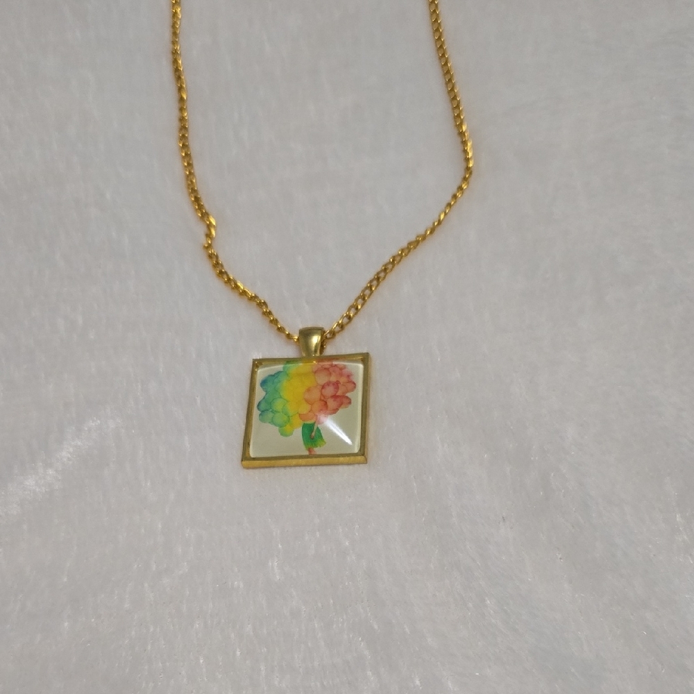 Gold Pendant Necklace with Colorful Floral Design